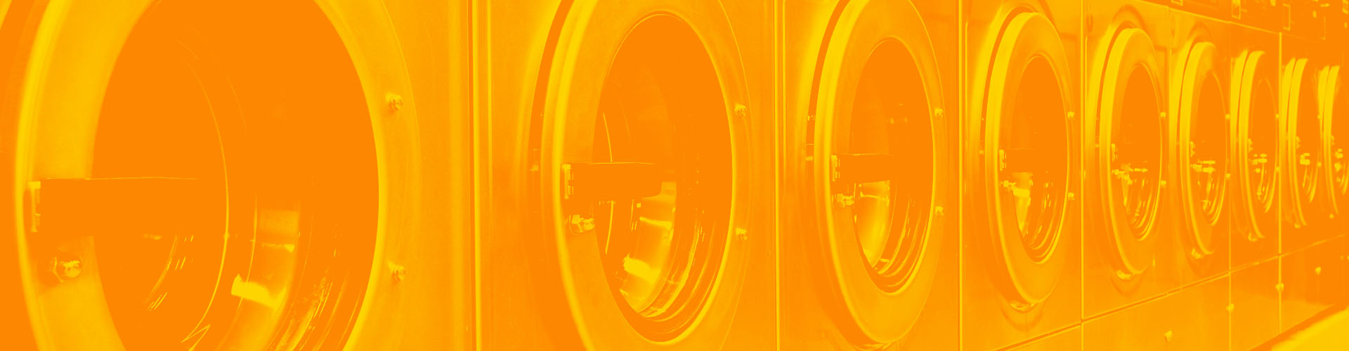 Stylized orange image of a laundromat with nine washing machines