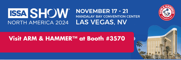 Graphic with text saying ISSA Show North America 2024, November 17-21 Mandalay Bay Convention Center Las Vegas, NV. Visit ARM & HAMMER™ at Booth #3570